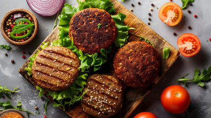 Variety of plant based burger patty made from vegetarian meat organic healthy food