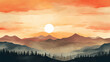 Sunset over a forested mountain range, depicted in layers of orange and dusky hues, with a bright sun hanging low in the sky.