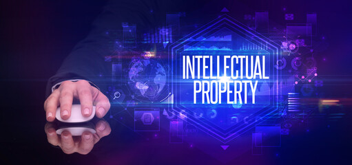 Poster - hand holding wireless peripheral, cyber security concept