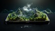 Beautiful nature scene with green mountains and trees on smartphone display