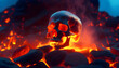 A skull on a bed of lava with fiery embers and blue and grey hues