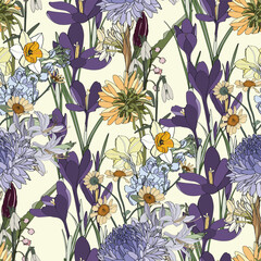 Wall Mural - Vintage colors seamless spring pattern with colorful garden flowers background. Seamless pattern with spring plants. Exotic wallpaper.  Seamless pattern with purple ccrocuses.