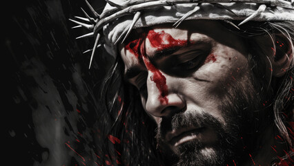 Fototapeta illustration of jesus wearing crown of thorns, blood oozing, amidst darkened background
