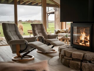 Two reclining chairs by fireplace beside window. Warm home interior design of modern living room in country house.