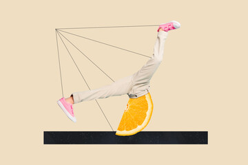 Wall Mural - Creative collage illustration of person dancing hip hop breakdance headless orange slice fruit juice isolated on beige color background