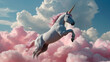 A white unicorn with candy cotton pink hair riding on pink clouds