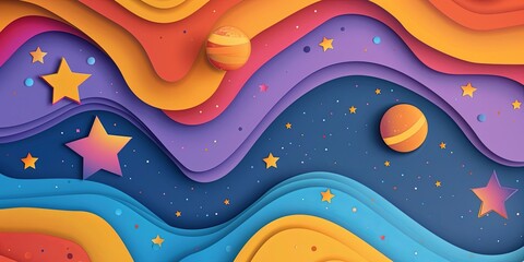 Wall Mural - Galaxy themed paper cut background illustration with star planets.