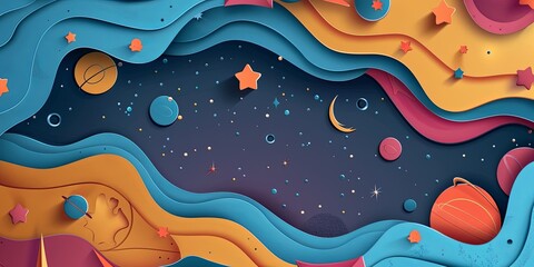 Wall Mural - Galaxy themed paper cut background illustration with star planets.
