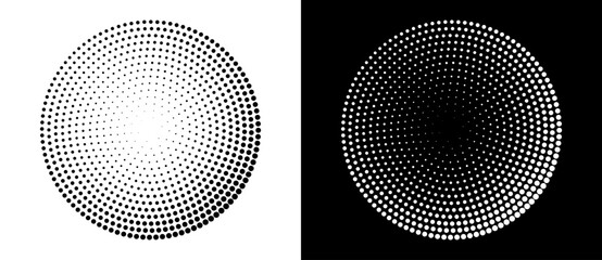 Fototapete - Modern abstract background. Halftone dots in circle form. Round logo. Vector dotted frame. Design element or icon. Black shape on a white background and the same white shape on the black side.