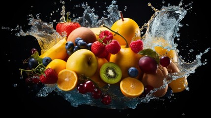 Wall Mural - Vibrant pop art splash fruits in water, orange, strawberry, kiwi, innovative food concept, banner