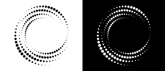 Wall Mural - Modern abstract background. Halftone dots in circle form. Round logo. Vector dotted frame. Design element or icon. Black shape on a white background and the same white shape on the black side.