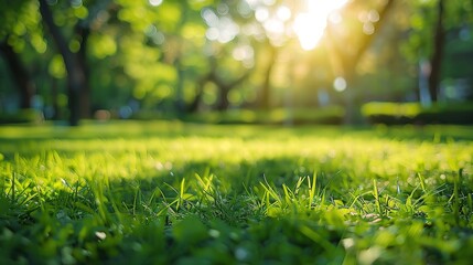 Wall Mural - Beautiful blurred background of spring summer nature of a city park with trees and green lawn on a bright sunny day.