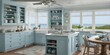 An alluring image of a coastal-inspired kitchen, showcasing light blue cabinets, nautical-themed decor, and a breathtaking ocean view through the window.