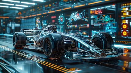 Wall Mural - Design a Formula One car schematic brimming with futuristic details, set against a backdrop of data clouds and a dynamic GUI interface, all rendered with Unreal Engine's cutting-edge capabilities