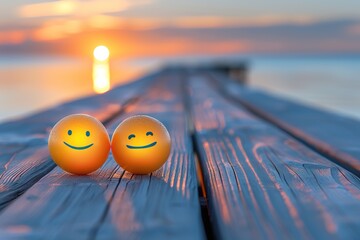 Two smiling balls on a wooden pier