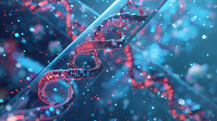 A 3D animation backdrop highlighting a magnified view of DNA strands within a medical test tube rendered in a unique style conveying the intricacies and marvel of biotechnology.