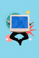 Sticker - Vertical collage photo of headless worker businessman jumping meditation overworked computer monitor isolated on blue color background