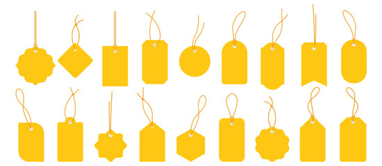 Wall Mural - Set empty price tags in different shapes. Yellow price tags. Template of price tags, labels. Paper discounts on an white background.