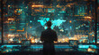 © khonkangrua - A lone professional monitors a high-tech control room with advanced global data visualization screens.