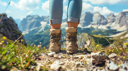close-up of legs of young hiker walking on the country path. young woman trail waking. focus on hiki