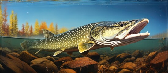 Poster - An electric blue fish with its mouth open is swimming in the water near a terrestrial plant, while a crocodile lurks nearby in the event at a marine biology exhibit