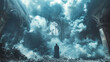 Mysterious figure in cloak standing in a foggy, ruined cathedral with dramatic clouds filtering through a broken window.