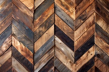 Wall Mural - Intricate Herringbone Pattern of Reclaimed Wood Planks with Natural Textures and Varied Brown Tones