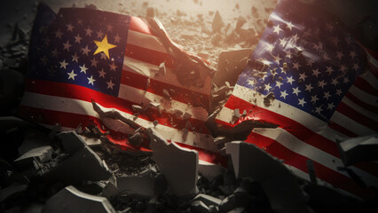 Shattered American flag symbolizing political division and conflict in a dramatic and powerful visual statement.

