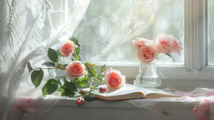 Wall Mural - A vase of pink roses sits on a table next to an open book