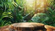 Wood podium table top outdoors blur green monstera tropical forest plant nature background.