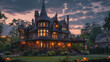 Twilight descends on a stately Victorian mansion, its gardens and pathways softly lit, exuding tranquility.