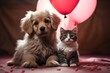 Dog and Cat Sitting Together With Valentine Heart Ball Generative AI
