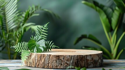 Canvas Print - Wood slice podium and green tropical leaves. Concept scene stage showcase for new product, promotion sale