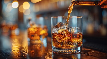 Bartender artfully pours amber liquid into drinkware with ice at an event