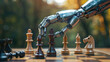 Human vs. Machine: An intriguing image depicting the contrast between the sleek, metallic robot hand and the traditional wooden chess pawn. Generative AI