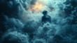 Surreal image of a person amidst clouds with a dramatic sky, evoking a sense of mystery and contemplation.