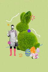 Wall Mural - Vertical collage of mini black white colors guy hold water scissors big fluffy grass easter bunny painted eggs flowers isolated on green background