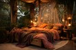 Eclectic Romantic bedroom boho style design. Modern sleeping room with warm rosy tones. Generate ai