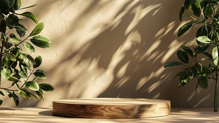 Wall Mural - Wooden podium with leaves and shadows. Realistic wood platform for product presentation.