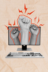 Trend artwork composite image photo collage of silhouette huge hands fist up in air from device computer screen remote human rights
