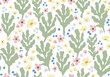 Aesthetic retro grrovy flowers seamless pattern. Spring florals and plants on white background. Vector illustration.