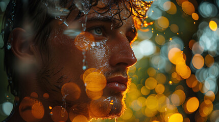 Wall Mural - Close-up of a contemplative man's face behind a wet window with bokeh lights in the background.