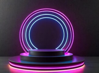 Sticker - Black stand with neon light to exhibit or display product. 3D Rendering Illustration Design.