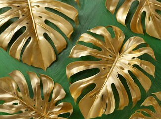 Poster - Golden leaves on green background, 3d rendering illustration design background.