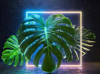 Sticker - Palm leaves and neon light 3D Rendering Illustration Design Background/Wallpaper. Tropical Summer Creative Concept.