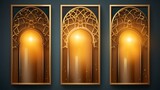 Fototapeta  - Ramadan Kareem posters set, gold 3d arabian windows on color background, arabesque pattern. Vector illustration. Place for text. Night moon, mosque dome  attractive look