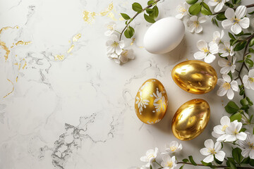 Wall Mural - Golden and white Easter eggs with flowers on marble background. Easter celebration concept. Flat lay, top view. Copy space in the middle.