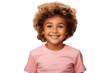 Portrait of a happy kid with curly hair smiling and laughing, isolated on transparent background