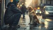 Describe a heartwarming reunion between a lost dog and its worried owner, set against the backdrop of a bustling city street