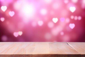 Empty wooden table with a pink and purple bokeh background with heart shapes, suitable for product display. Wooden Table with Bokeh Heart Background
